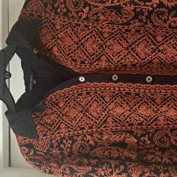 John Mark Black & Multi Color W/ Embroidered Detail Slit Side Schaket SzL EUC - Picture 2 of 11